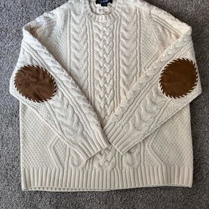 Brooks Brothers Cashmere Wool Cream Cable Knit Sweater Leather Elbow Patches